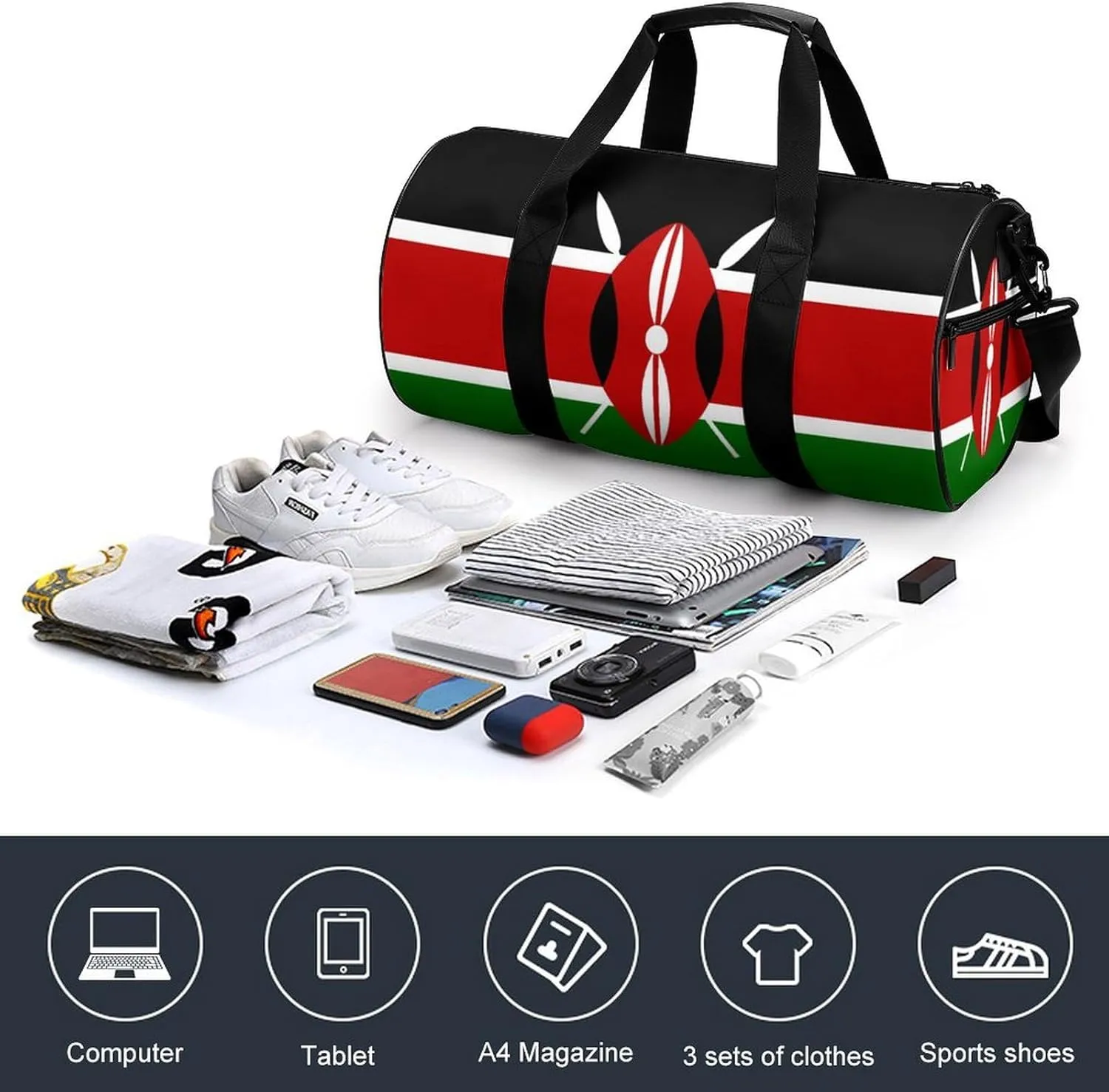 Kenya Flag Duffel Bag Dry Wet Separation for Boys Girls Travel Gym Overnight