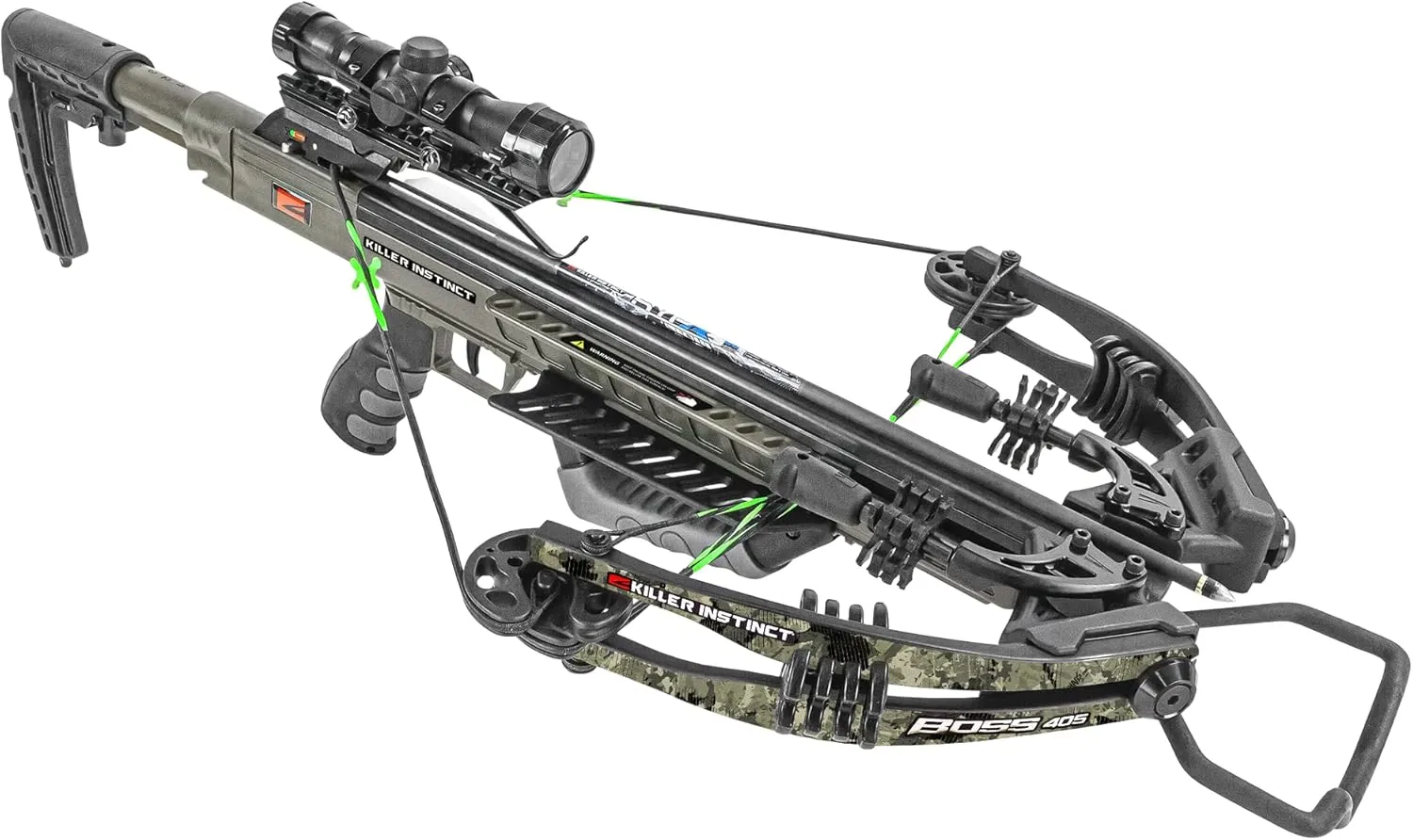 KILLER INSTINCT Boss 405 Crossbow Pro Package with 4x32 IR-W Scope, Rope Cocker, String Suppressors, 3-Bolt Quiver, 3 Hypr Lite Bolts and Field Tips, Stick of Rail Lube