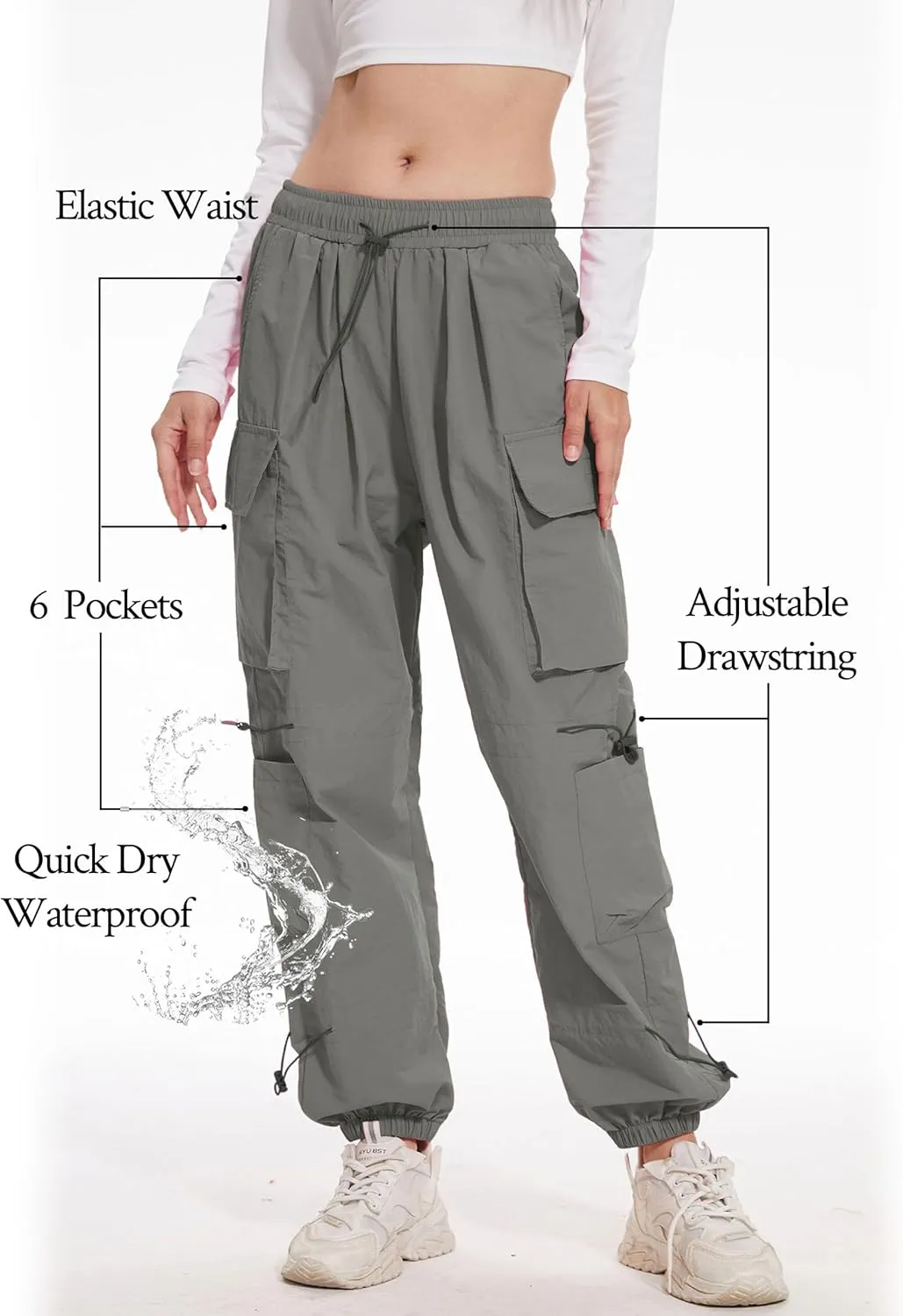 Kisswow Womens Cargo Pants Baggy Parachute Pants Women Quick Dry Joggers Waterproof Hiking Pants