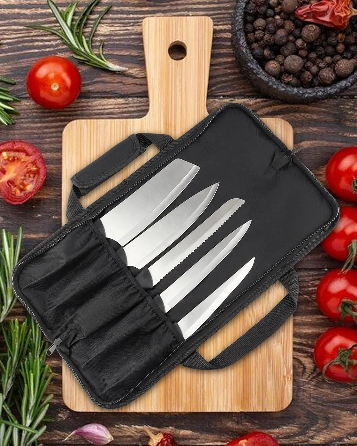 Knife Roll, 5-Pocket Chef’s Knife Roll Bag, Knife Bag, Chef Knife Case Nylon Portable Chef Carrying Travel Bag Pouch, Blue(Knives not Included)