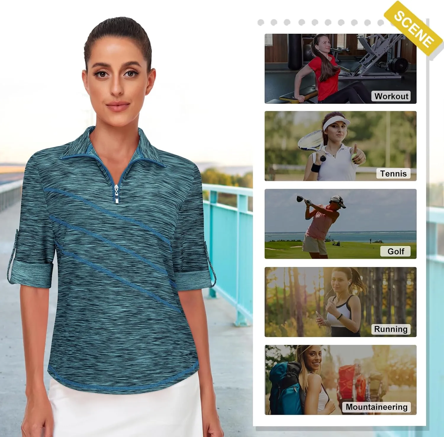 Koscacy Women's 3/4 Roll Sleeve Golf Tennis Polo Shirts UPF50  Half Zip Dry Fit Workout Tops Athletic Shirt