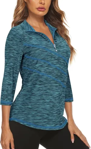 Koscacy Women's 3/4 Roll Sleeve Golf Tennis Polo Shirts UPF50  Half Zip Dry Fit Workout Tops Athletic Shirt