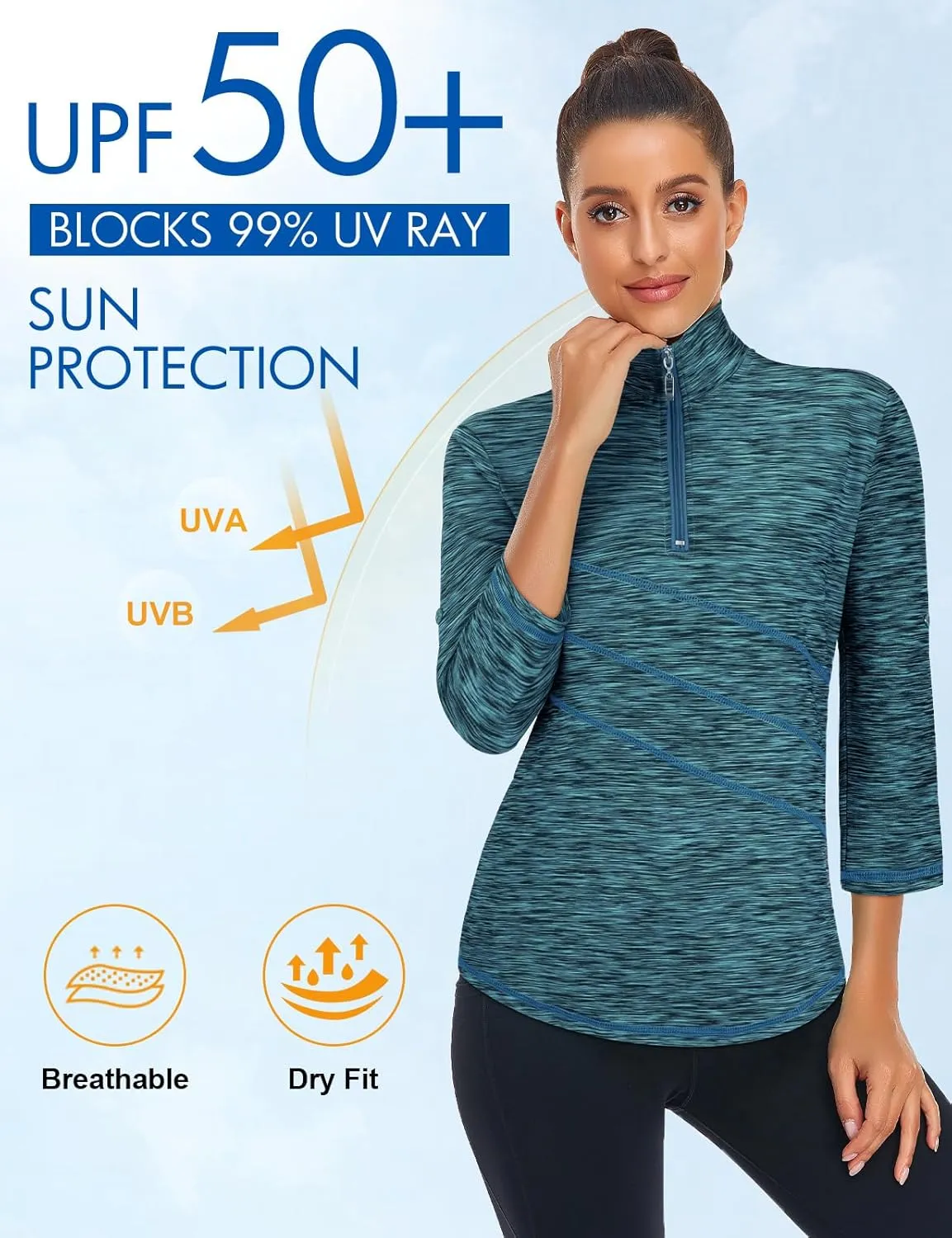Koscacy Women's 3/4 Roll Sleeve Golf Tennis Polo Shirts UPF50  Half Zip Dry Fit Workout Tops Athletic Shirt