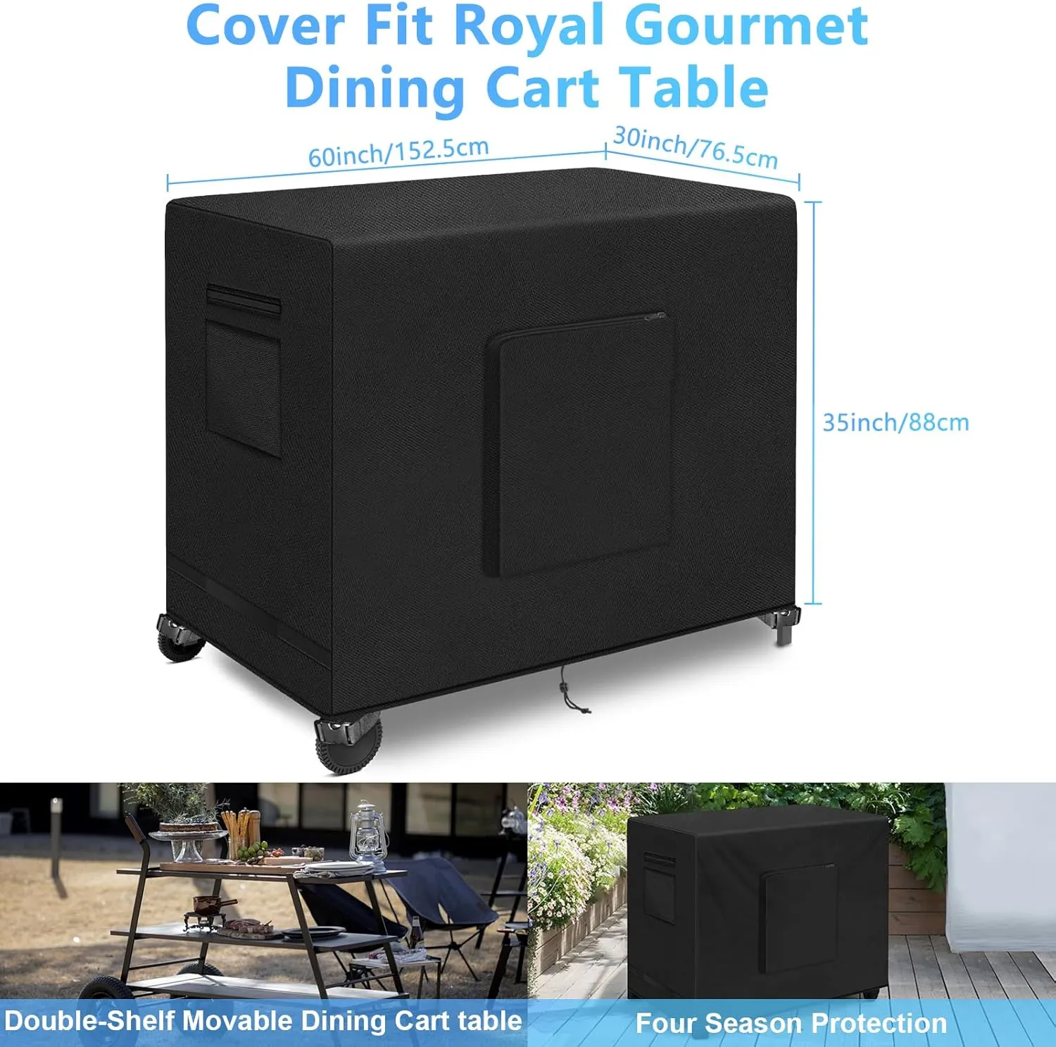 Kovshuiwe 60"L x 30"W x 35"H Outdoor Dining Table Cover, Stainless Steel Grill Cart Trolley with Wheels and Three-Shelf Movable Food Prep and Work Cart, Heavy Duty