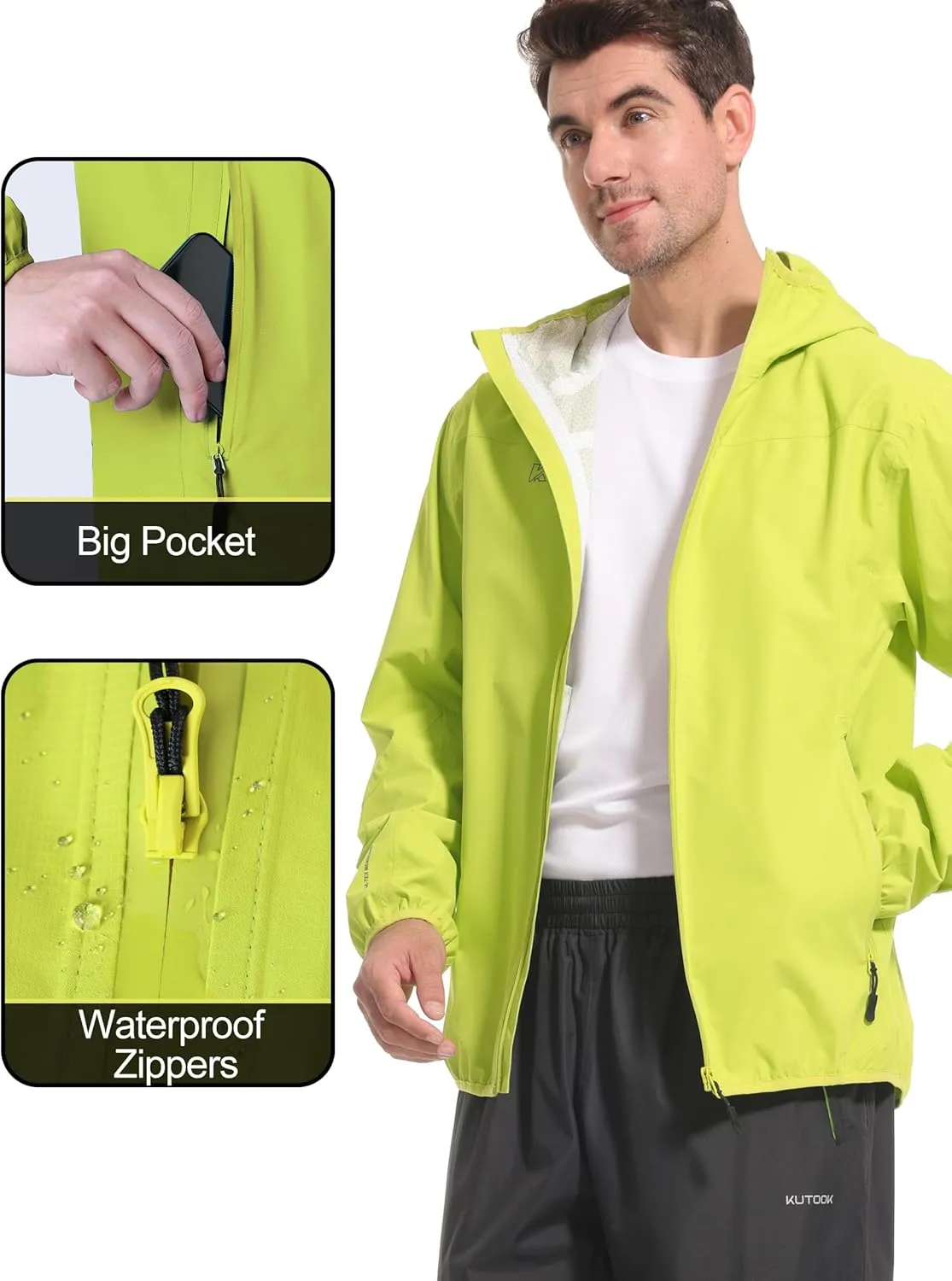 KUTOOK Men's Cycling Rain Jacket Packable Lightweight Hooded Raincoat Hiking Running Golf Gear Winderbreaker S-3XL