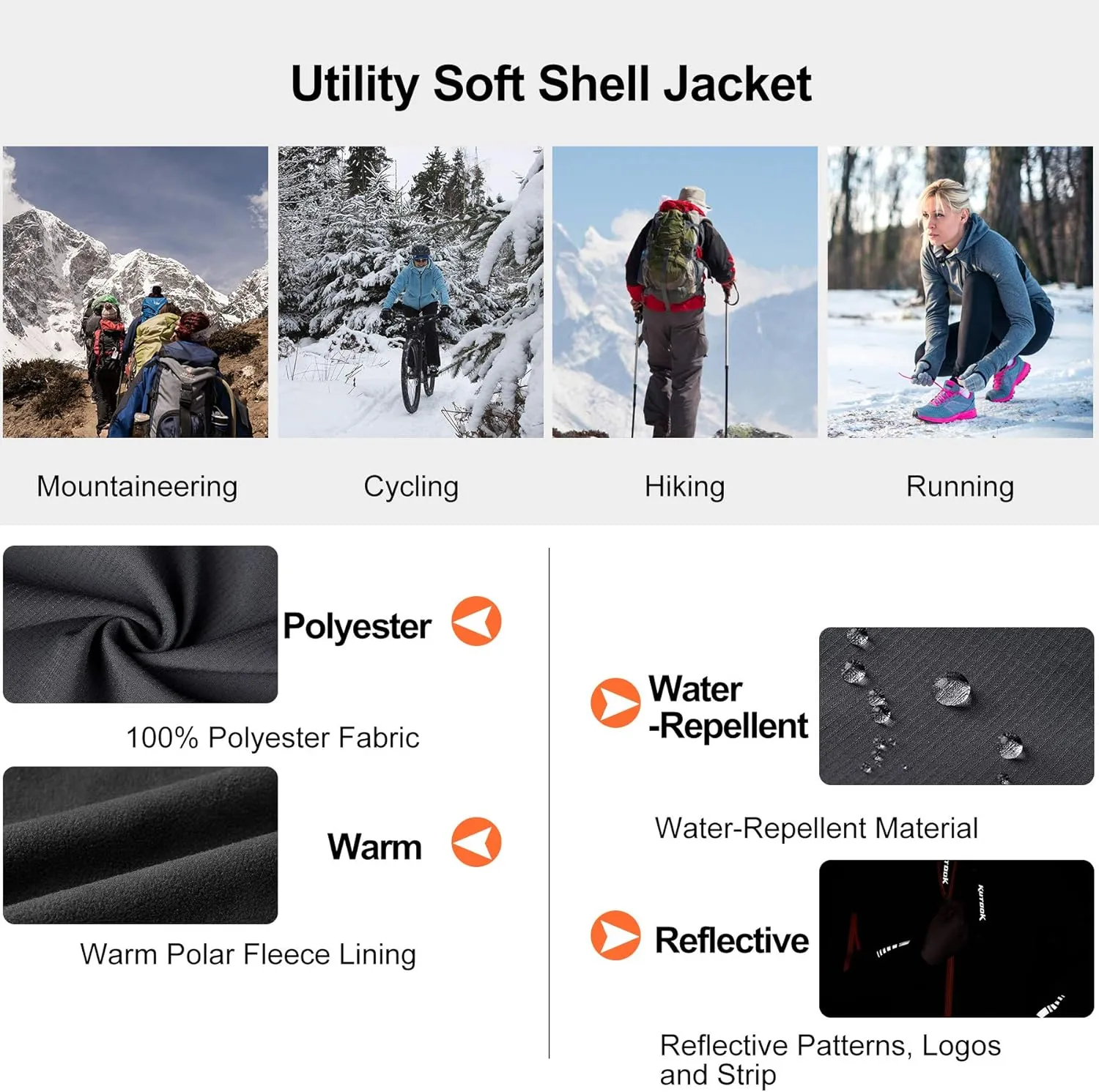 KUTOOK Women's Softshell Jacket Thermal Fleece Lined Hiking Running Jacket Windproof Reflective Outdoors