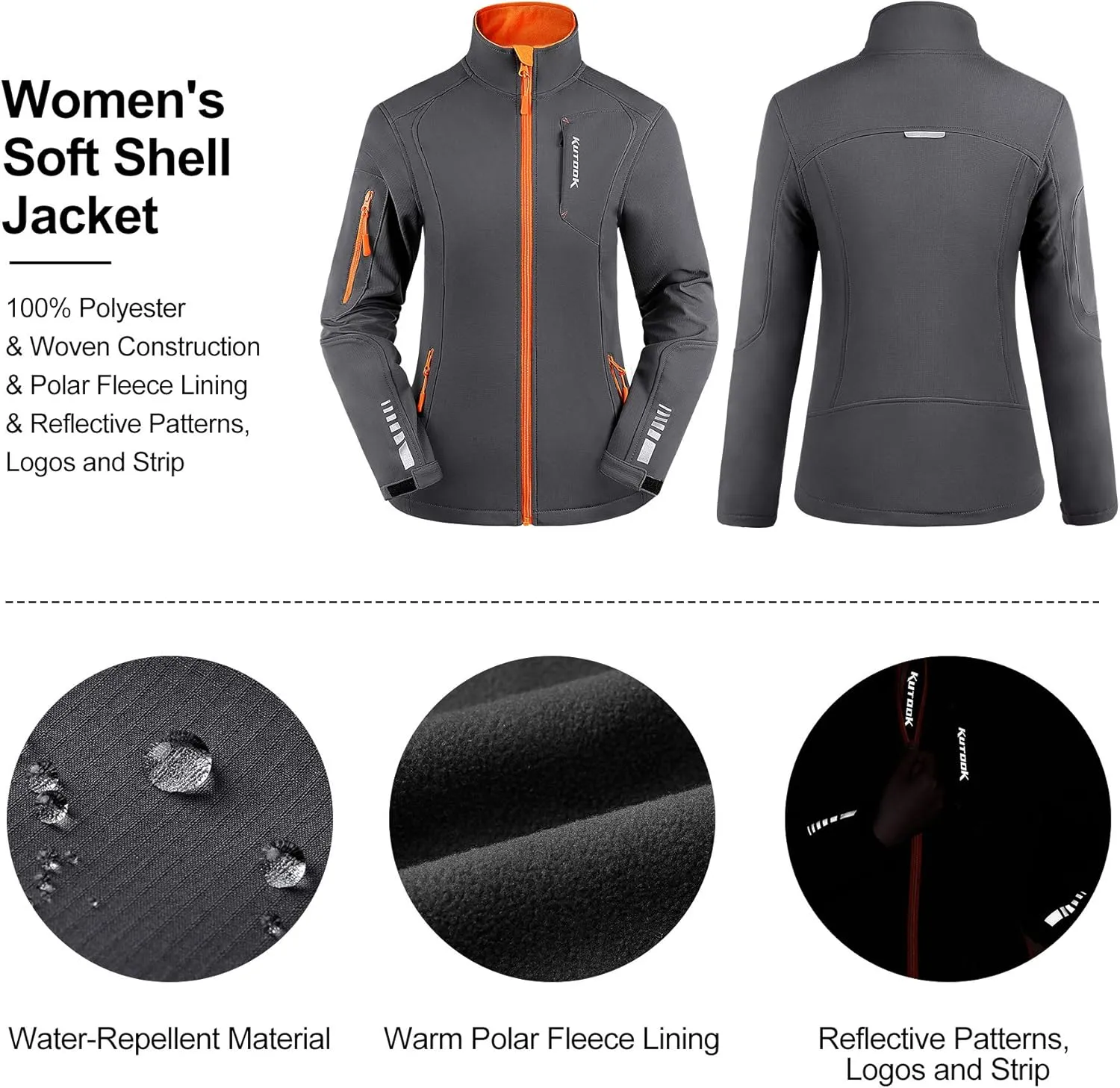 KUTOOK Women's Softshell Jacket Thermal Fleece Lined Hiking Running Jacket Windproof Reflective Outdoors