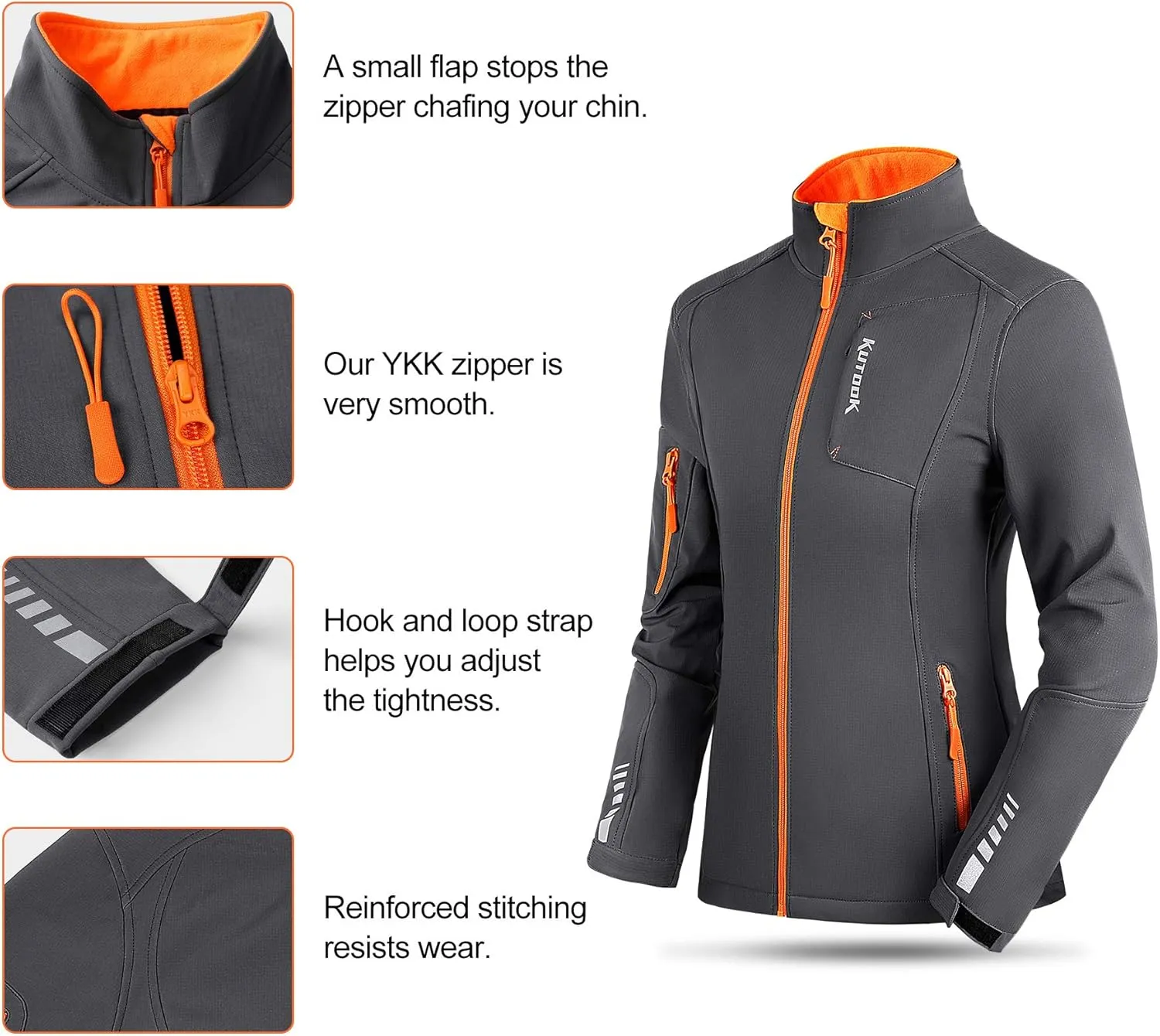KUTOOK Women's Softshell Jacket Thermal Fleece Lined Hiking Running Jacket Windproof Reflective Outdoors