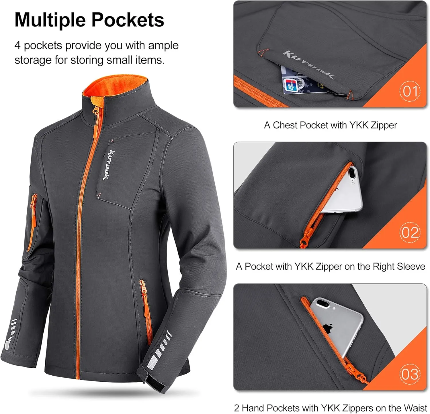 KUTOOK Women's Softshell Jacket Thermal Fleece Lined Hiking Running Jacket Windproof Reflective Outdoors