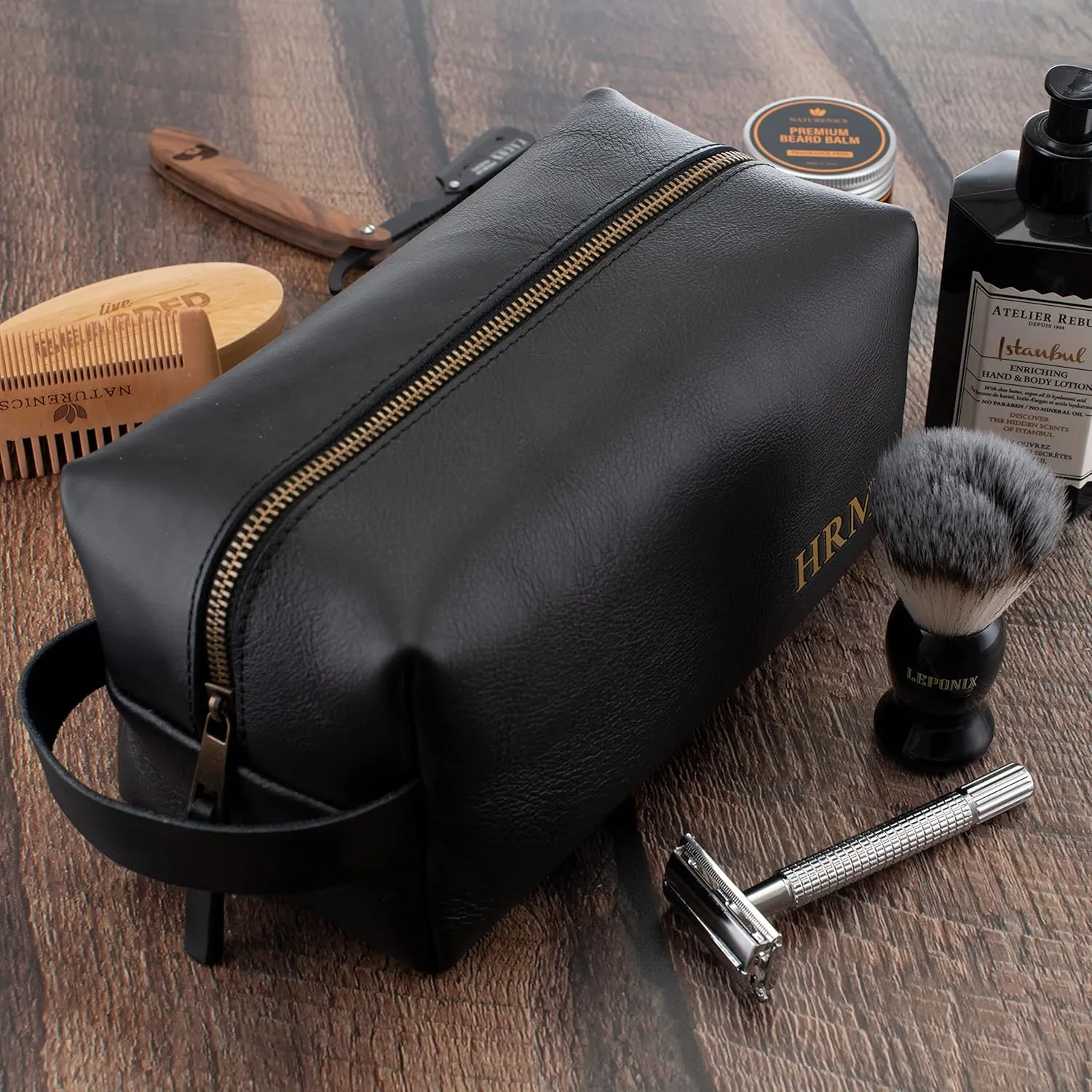 Lara Laser Works Toiletry Bag for Men, Genuine Leather Toiletry Bag w/Initials & Names, Gifts for Dad - Custom Embossed Dopp Kit for Him - Travel Accesories for Men, Chestnut - Large