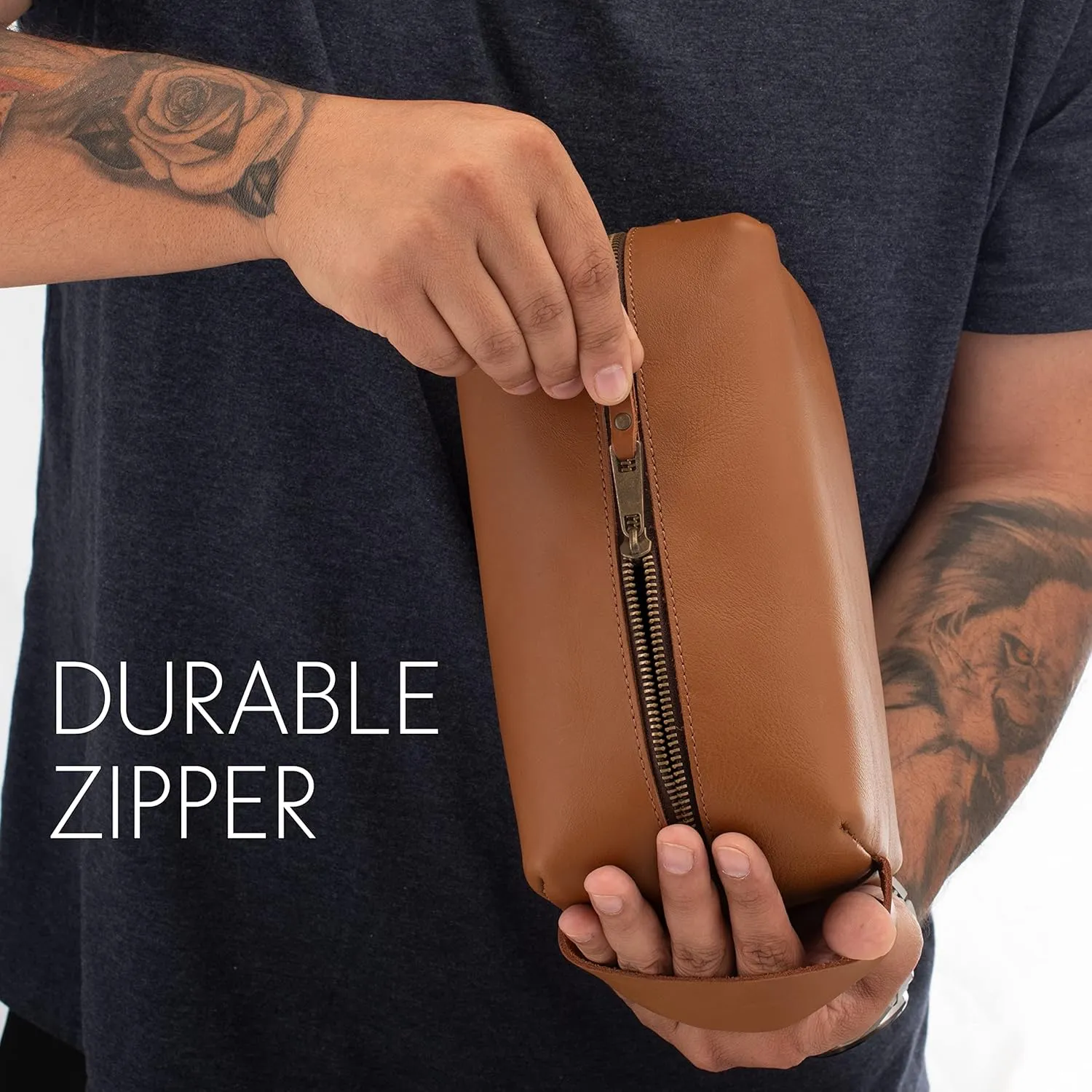 Lara Laser Works Toiletry Bag for Men, Genuine Leather Toiletry Bag w/Initials & Names, Gifts for Dad - Custom Embossed Dopp Kit for Him - Travel Accesories for Men, Chestnut - Large