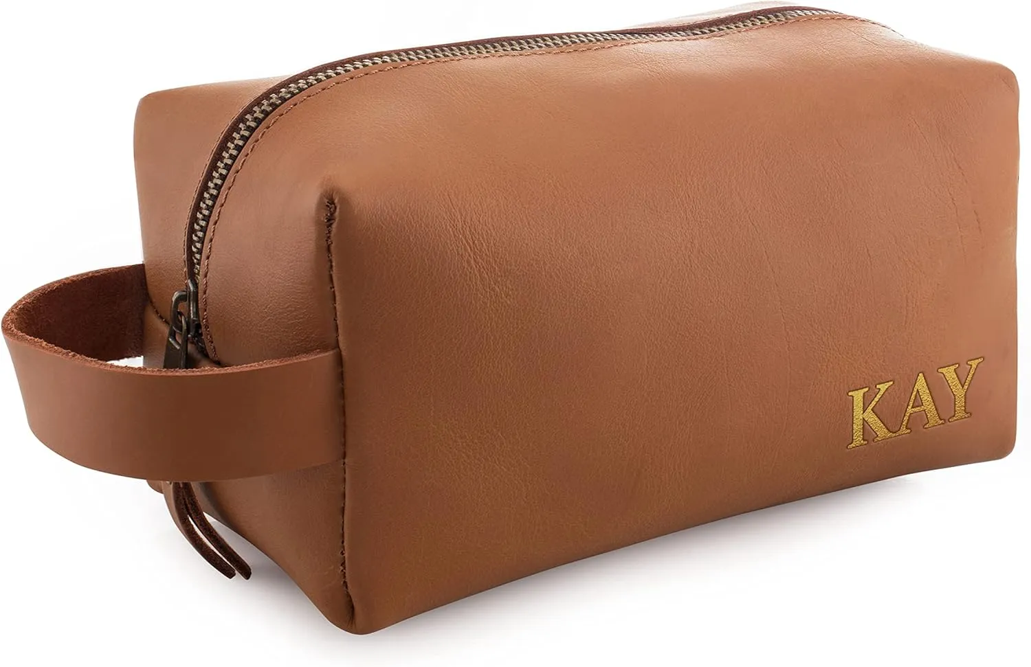 Lara Laser Works Toiletry Bag for Men, Genuine Leather Toiletry Bag w/Initials & Names, Gifts for Dad - Custom Embossed Dopp Kit for Him - Travel Accesories for Men, Chestnut - Large