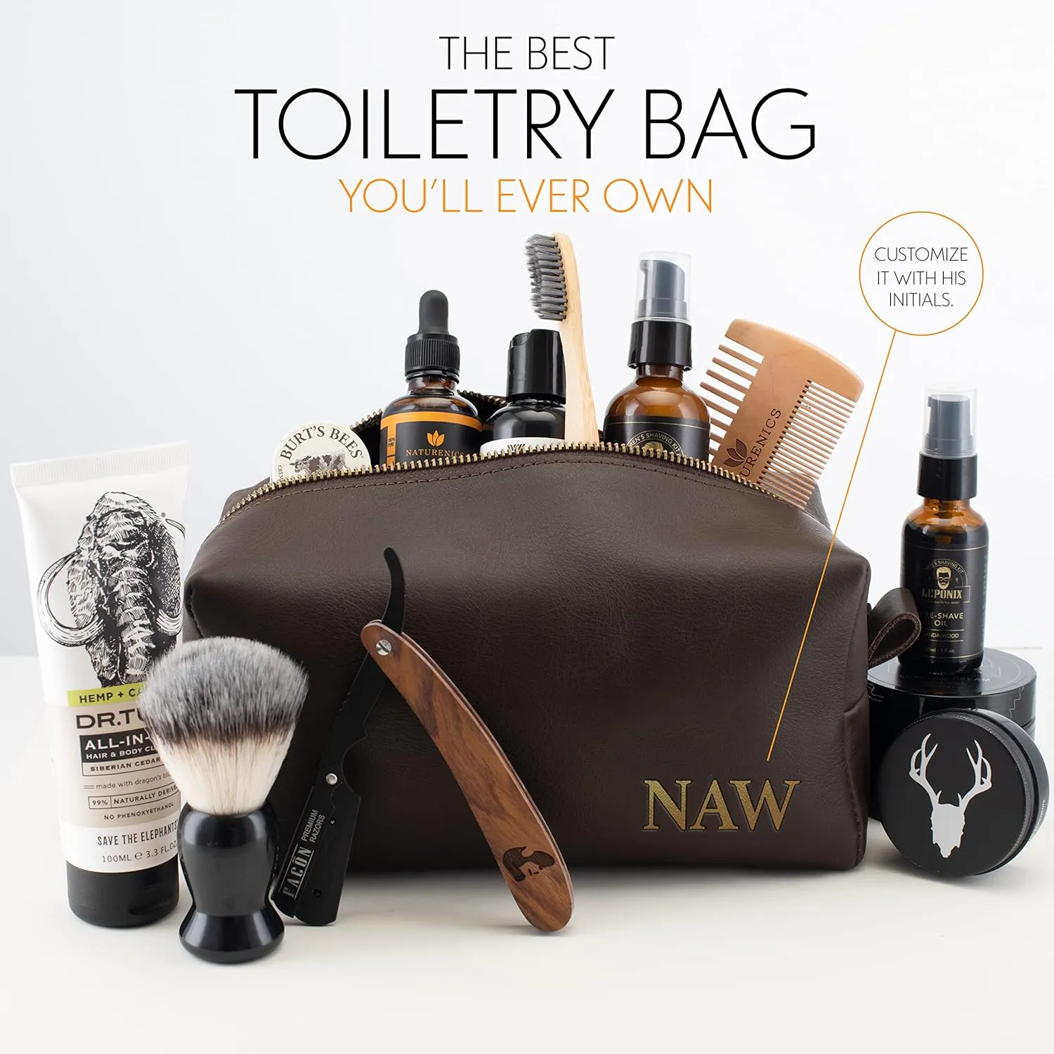 Lara Laser Works Toiletry Bag for Men, Genuine Leather Toiletry Bag w/Initials & Names, Gifts for Dad - Custom Embossed Dopp Kit for Him - Travel Accesories for Men, Chestnut - Large