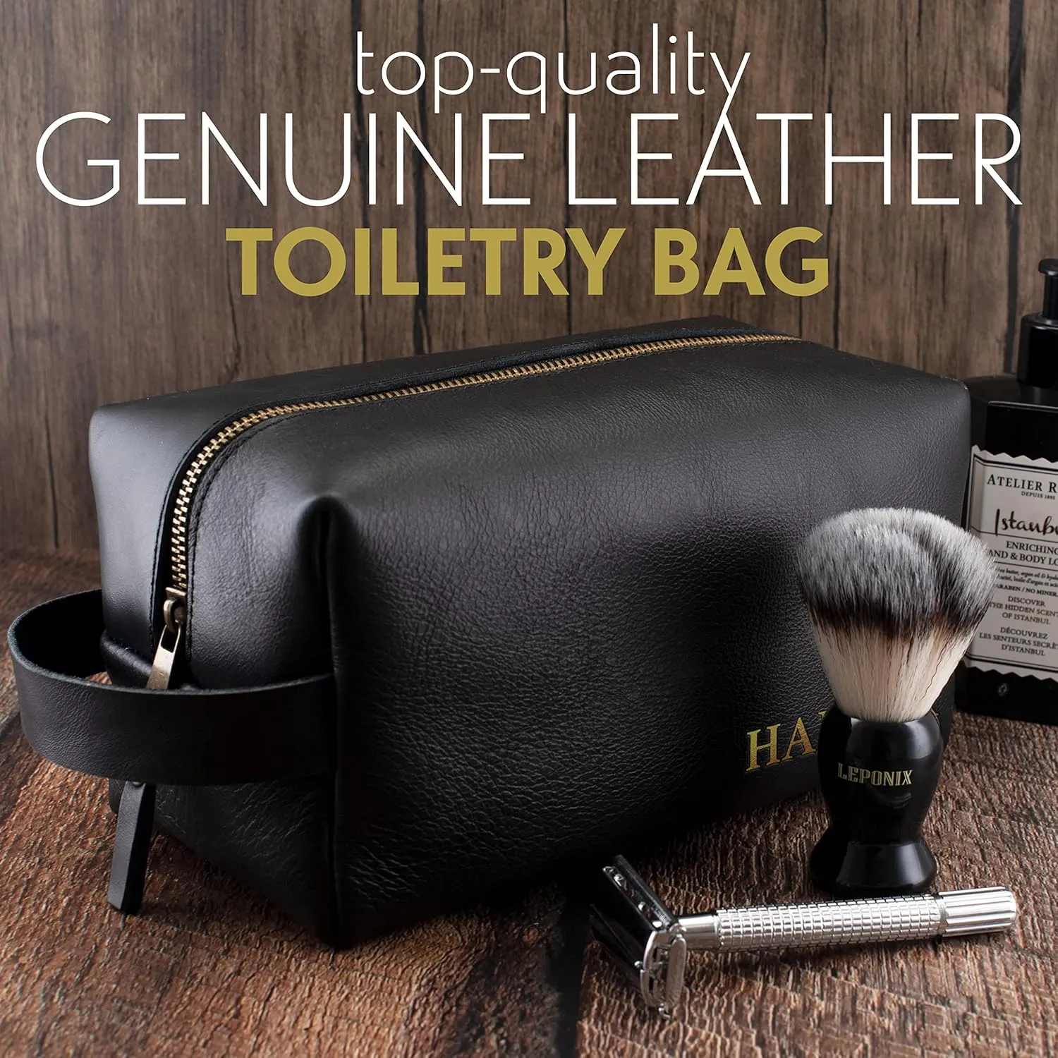 Lara Laser Works Toiletry Bag for Men, Genuine Leather Toiletry Bag w/Initials & Names, Gifts for Dad - Custom Embossed Dopp Kit for Him - Travel Accesories for Men, Chestnut - Large