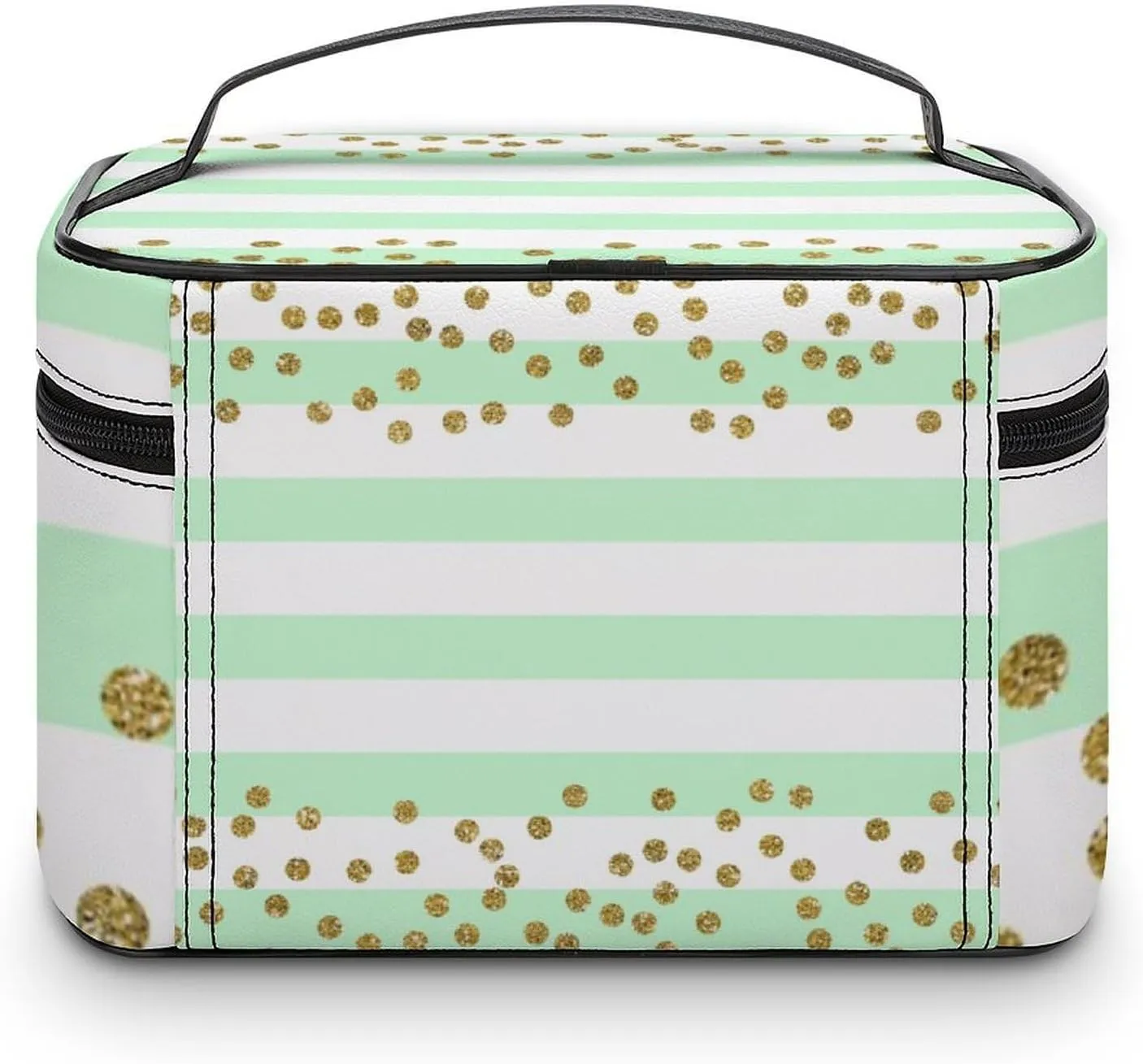 Large Makeup Bag, Mint Green Gold Confetti Stripes Cosmetic Bag for Women Girls, Portable Toiletry Bag, Travel Make Up Organizer Bag