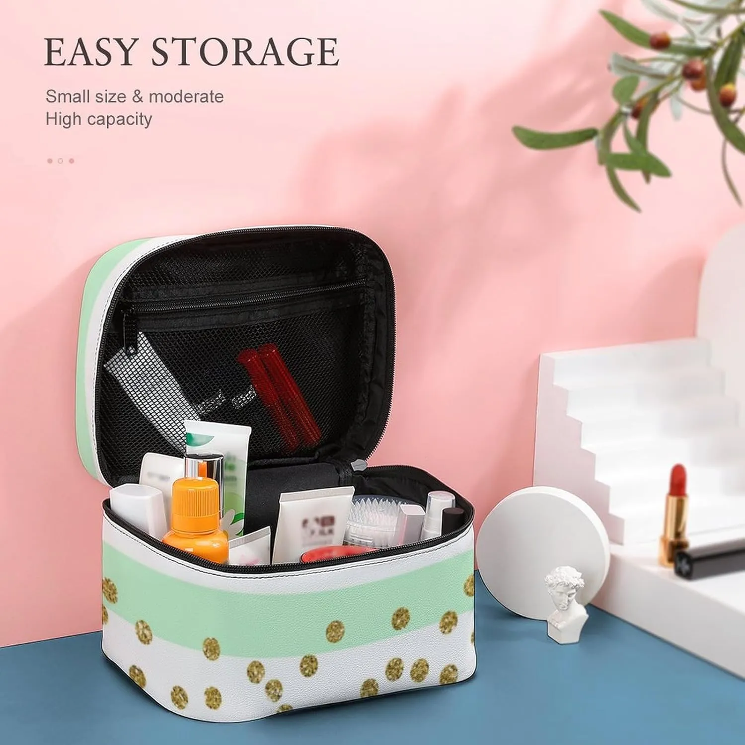 Large Makeup Bag, Mint Green Gold Confetti Stripes Cosmetic Bag for Women Girls, Portable Toiletry Bag, Travel Make Up Organizer Bag