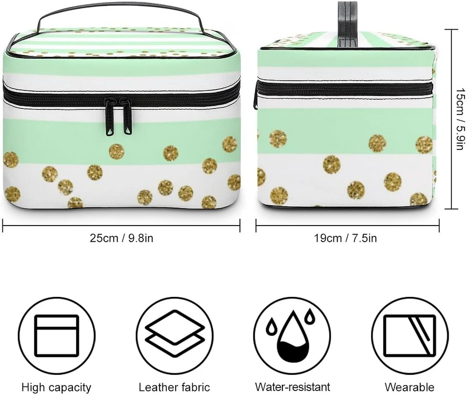 Large Makeup Bag, Mint Green Gold Confetti Stripes Cosmetic Bag for Women Girls, Portable Toiletry Bag, Travel Make Up Organizer Bag