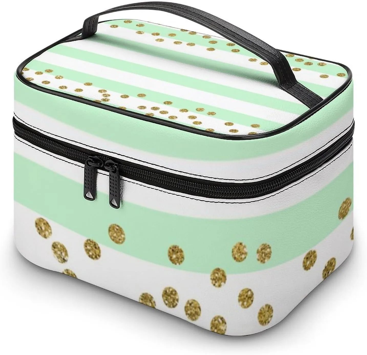 Large Makeup Bag, Mint Green Gold Confetti Stripes Cosmetic Bag for Women Girls, Portable Toiletry Bag, Travel Make Up Organizer Bag