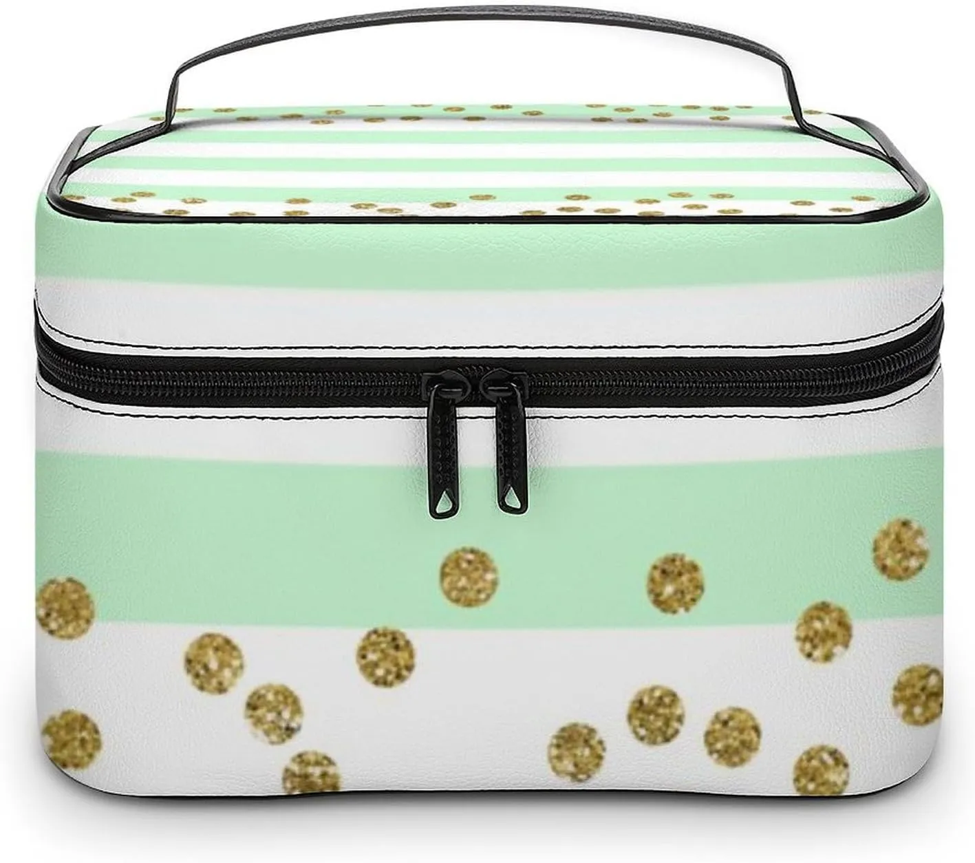 Large Makeup Bag, Mint Green Gold Confetti Stripes Cosmetic Bag for Women Girls, Portable Toiletry Bag, Travel Make Up Organizer Bag