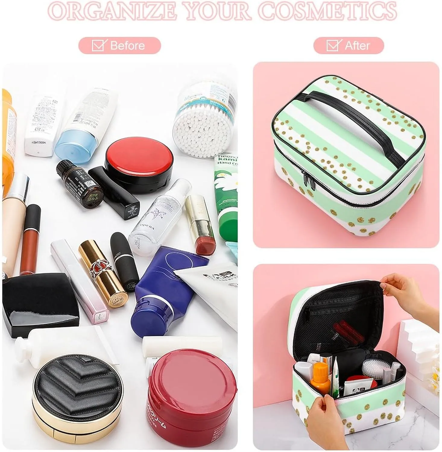 Large Makeup Bag, Mint Green Gold Confetti Stripes Cosmetic Bag for Women Girls, Portable Toiletry Bag, Travel Make Up Organizer Bag