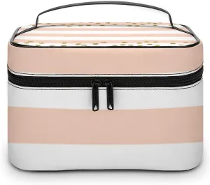 Large Makeup Bag, Peach White Stripe Gold Confetti Cosmetic Bag for Women Girls, Portable Toiletry Bag, Travel Make Up Organizer Bag
