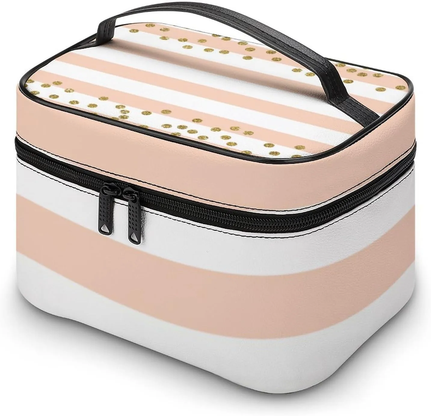 Large Makeup Bag, Peach White Stripe Gold Confetti Cosmetic Bag for Women Girls, Portable Toiletry Bag, Travel Make Up Organizer Bag