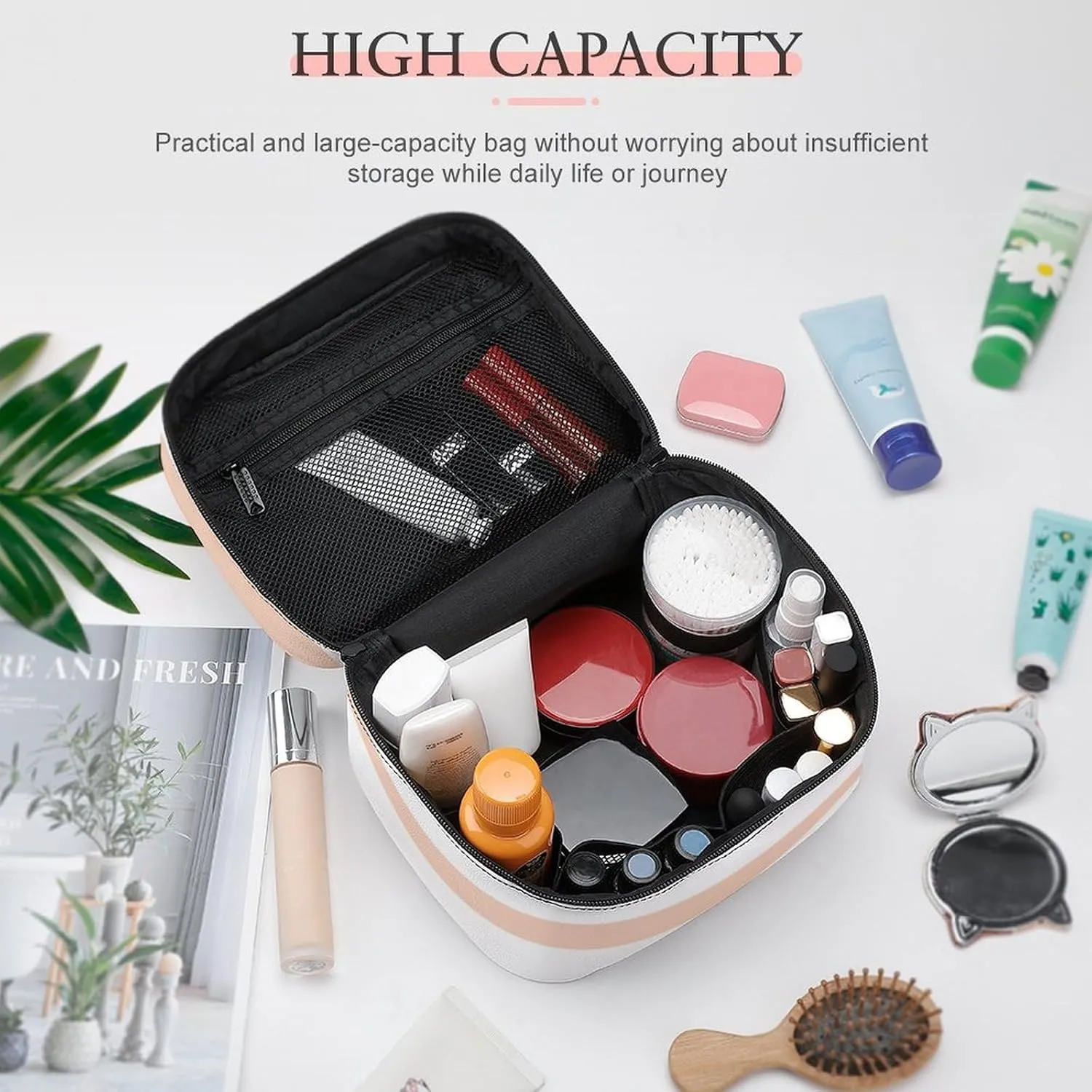 Large Makeup Bag, Peach White Stripe Gold Confetti Cosmetic Bag for Women Girls, Portable Toiletry Bag, Travel Make Up Organizer Bag