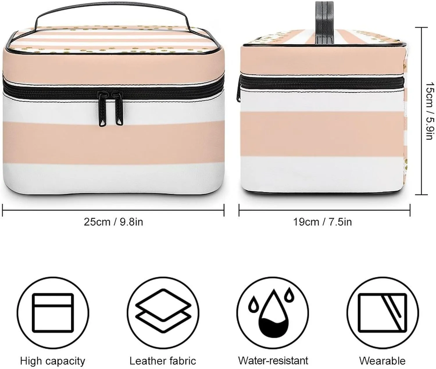 Large Makeup Bag, Peach White Stripe Gold Confetti Cosmetic Bag for Women Girls, Portable Toiletry Bag, Travel Make Up Organizer Bag