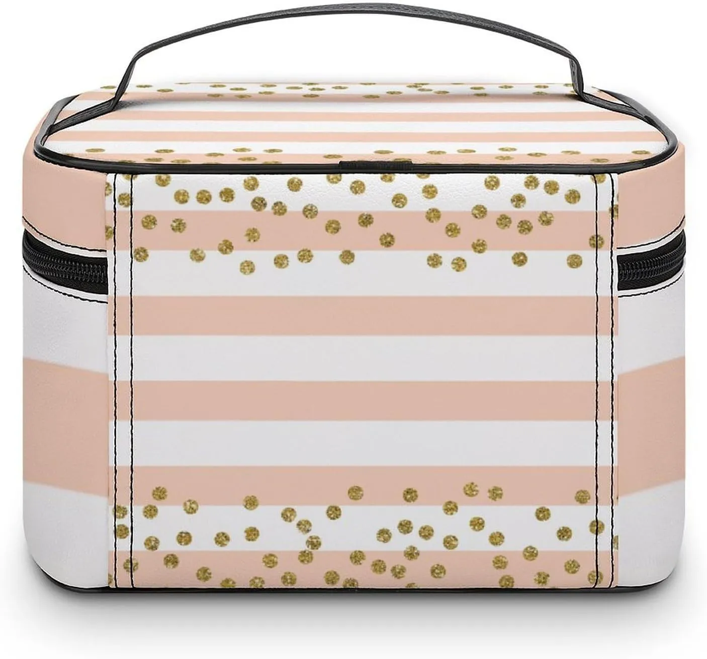 Large Makeup Bag, Peach White Stripe Gold Confetti Cosmetic Bag for Women Girls, Portable Toiletry Bag, Travel Make Up Organizer Bag
