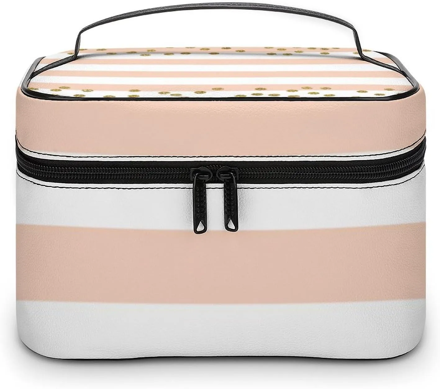Large Makeup Bag, Peach White Stripe Gold Confetti Cosmetic Bag for Women Girls, Portable Toiletry Bag, Travel Make Up Organizer Bag