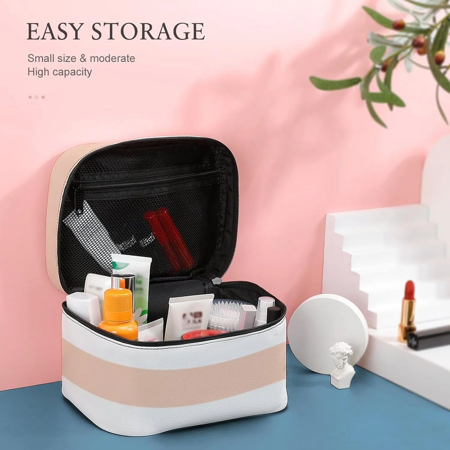 Large Makeup Bag, Peach White Stripe Gold Confetti Cosmetic Bag for Women Girls, Portable Toiletry Bag, Travel Make Up Organizer Bag