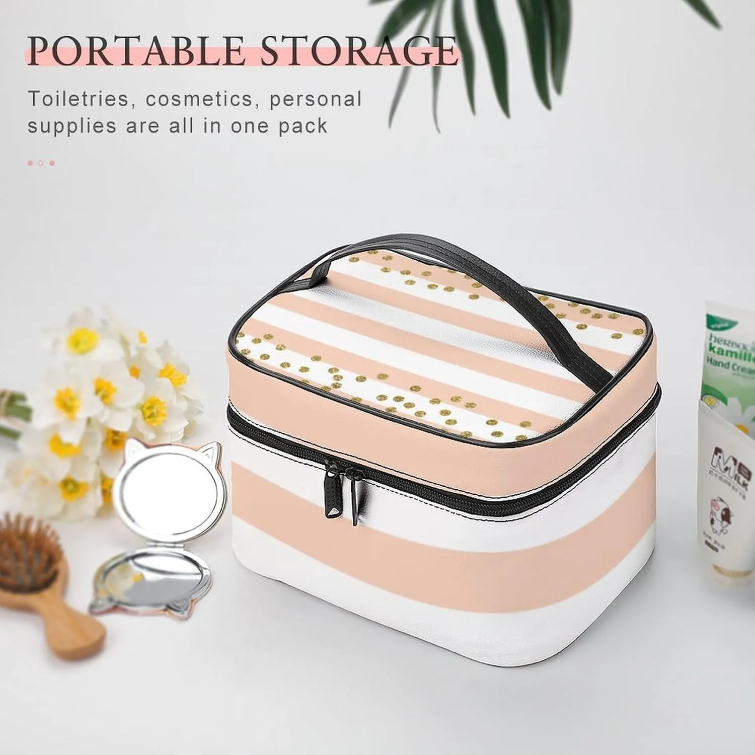 Large Makeup Bag, Peach White Stripe Gold Confetti Cosmetic Bag for Women Girls, Portable Toiletry Bag, Travel Make Up Organizer Bag