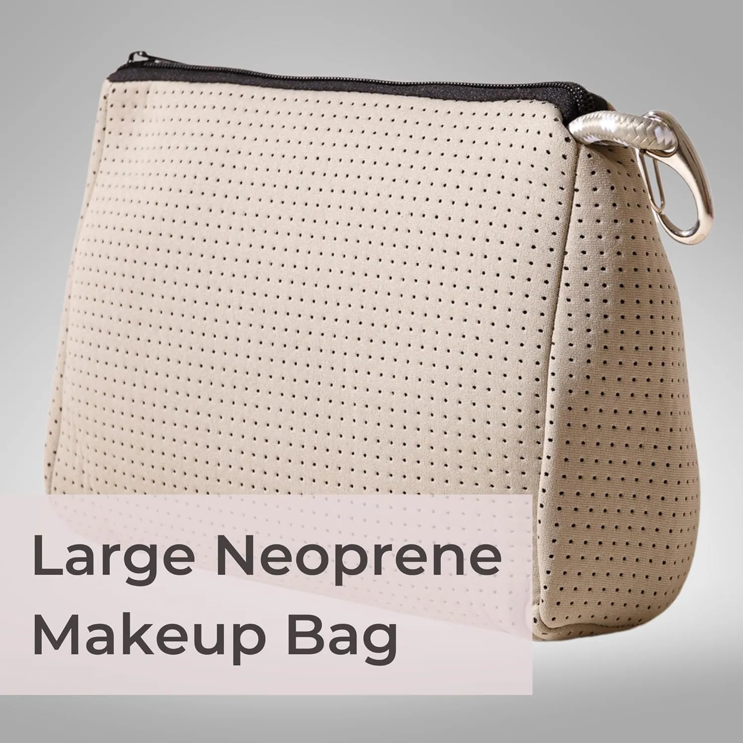 Large Makeup Bag with Zipper, Taupe - Waterproof Neoprene Cosmetic Bag 7.7 x 10.75 x 5 inches