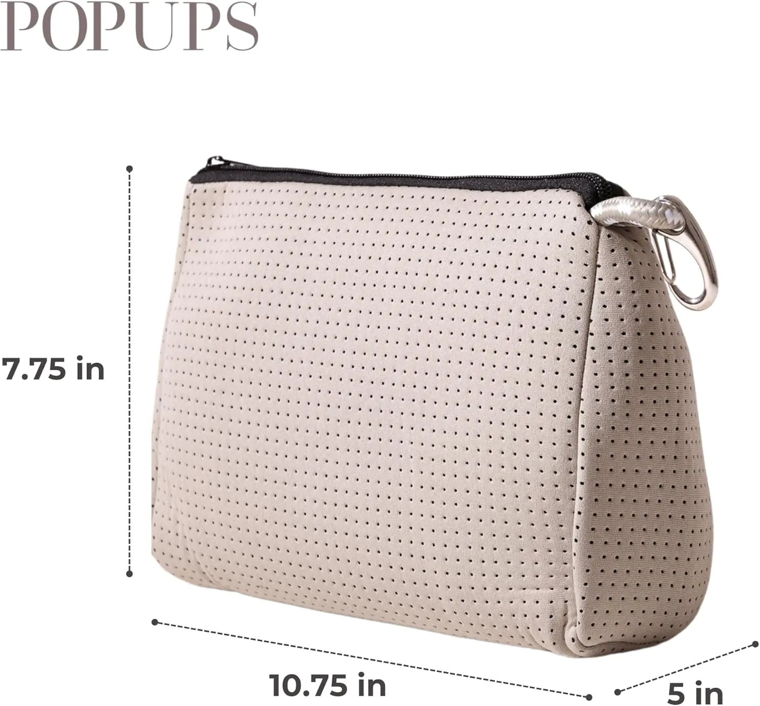 Large Makeup Bag with Zipper, Taupe - Waterproof Neoprene Cosmetic Bag 7.7 x 10.75 x 5 inches