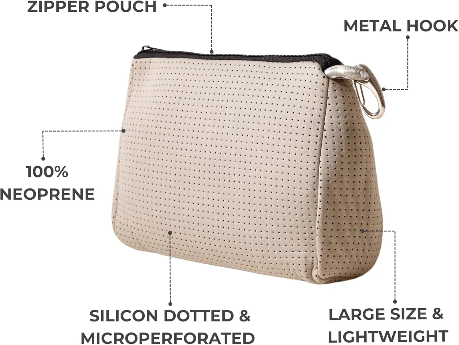 Large Makeup Bag with Zipper, Taupe - Waterproof Neoprene Cosmetic Bag 7.7 x 10.75 x 5 inches