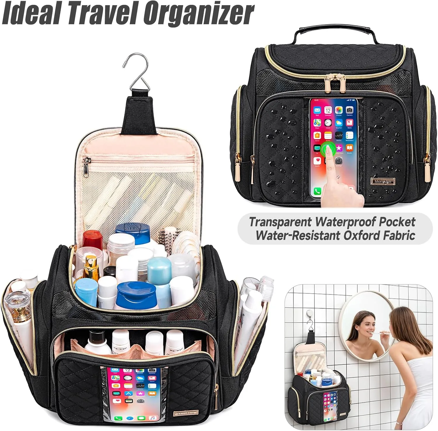 Large Toiletry Bag for Women Men,Bathroom Bag,Water Resistant Makeup Bag,Portable Shower Caddy for College Dorm,Hanging Toiletry Bags for Traveling,Shower Bag with Transparent Waterproof Phone Pocket