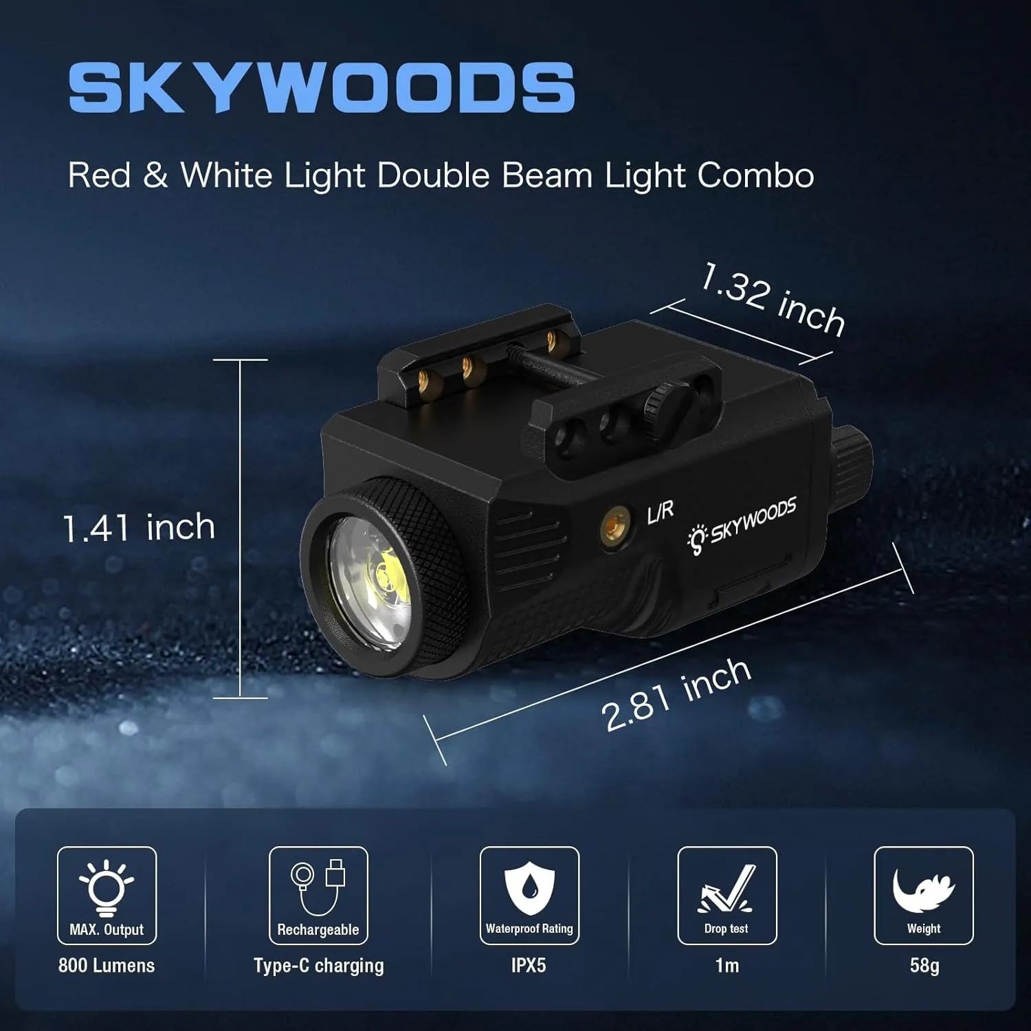 Laser Light Combo - 800 Lumens Red Laser Beam Flashlight for Pistol Picatinny 1913 Rail, Tactical Gun Laser Sight and Weapon Light, USB C Rechargeable, 0.39mW