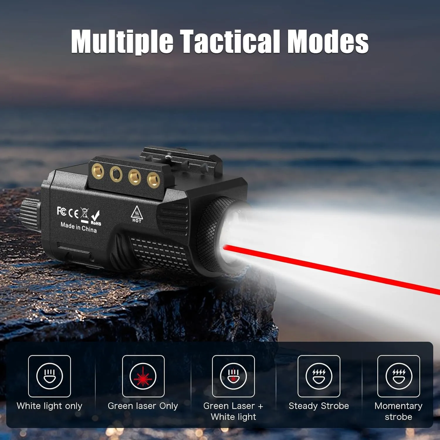Laser Light Combo - 800 Lumens Red Laser Beam Flashlight for Pistol Picatinny 1913 Rail, Tactical Gun Laser Sight and Weapon Light, USB C Rechargeable, 0.39mW