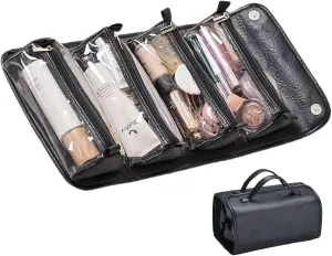 Leather Waterproof Cosmetic Bag, Waterproof Travel Toiletry Bag 4 Detachable Clear Compartment, Roll Up Makeup 4-In-1 Pu Leather Makeup Organizer Bag with 4 Detachable Pouches (Black)