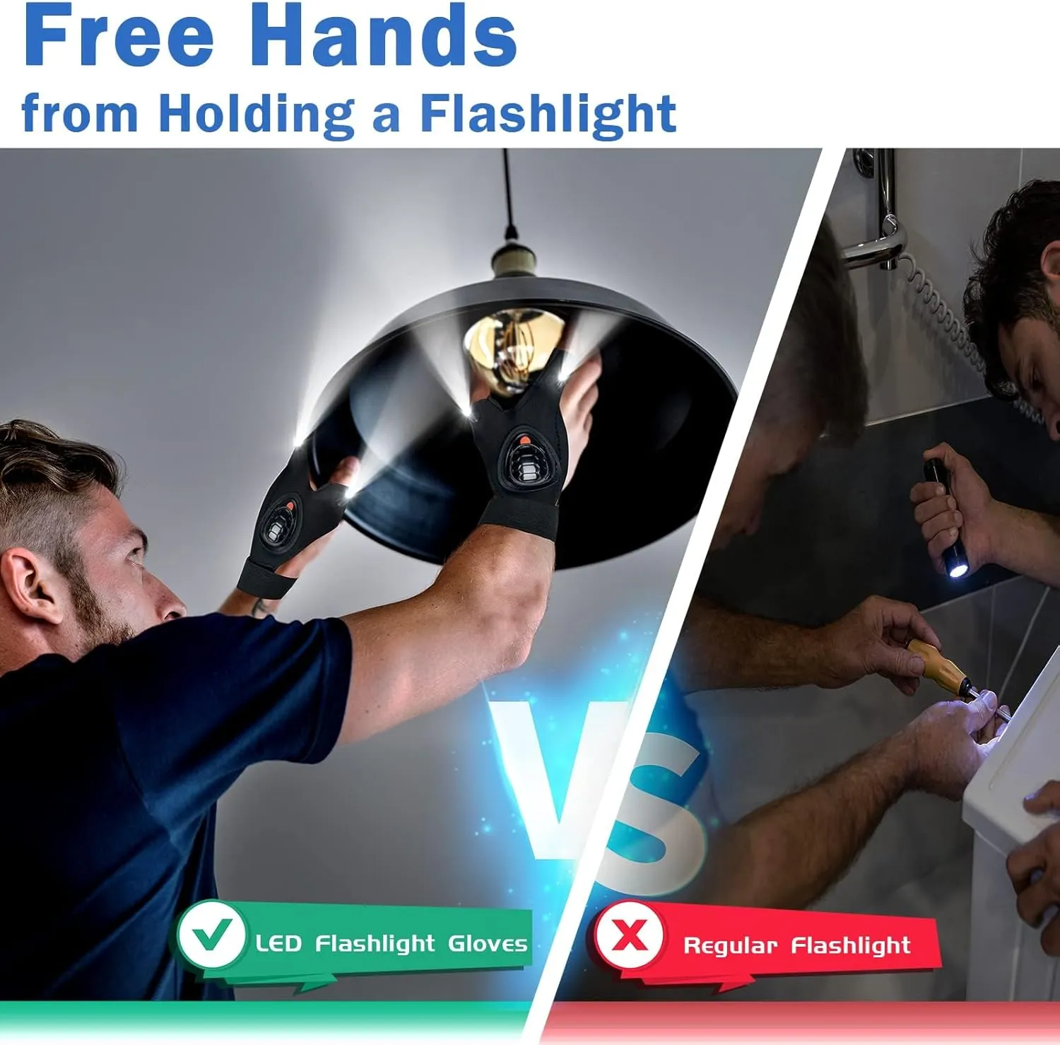 LED Flashlight Gloves Gifts for Men - Christmas Stocking Stuffers for Men Christmas Birthday Gifts for Dad Husband Him, Cool Gadgets Hands Free Light Gloves Tool for Women Husband Boyfriend Mechanics