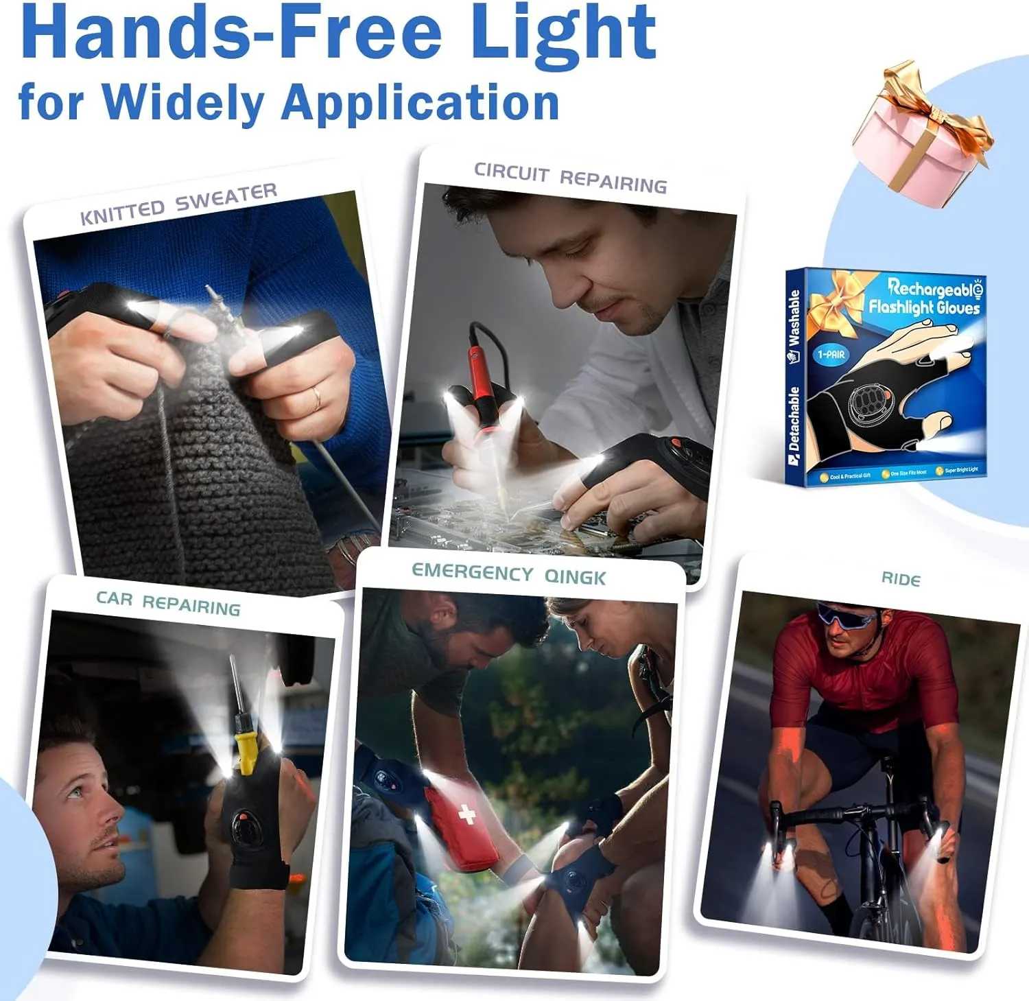 LED Flashlight Gloves Gifts for Men - Christmas Stocking Stuffers for Men Christmas Birthday Gifts for Dad Husband Him, Cool Gadgets Hands Free Light Gloves Tool for Women Husband Boyfriend Mechanics