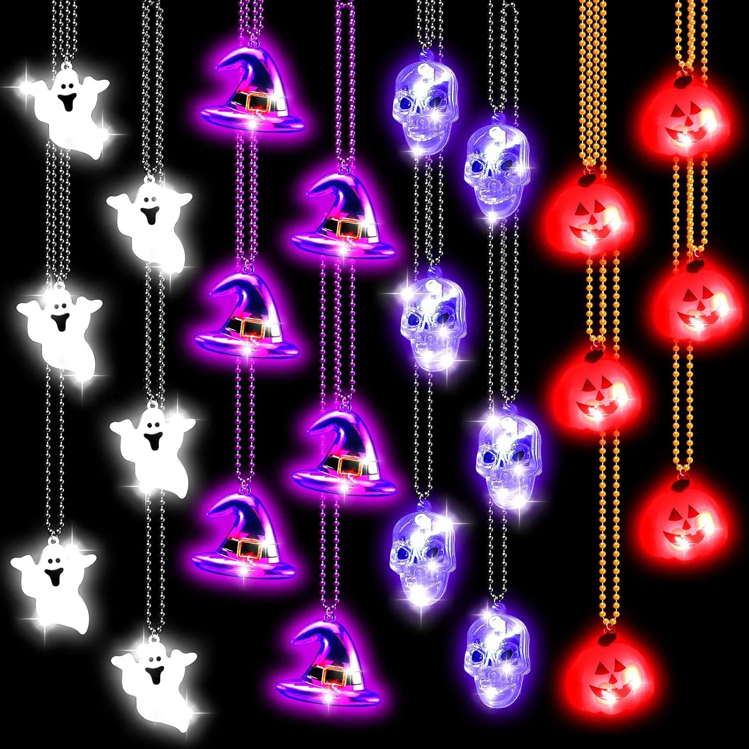 Lenwen 24 Pcs Halloween Light Up Bead Necklaces Pumpkin Witch Hat Spooky Skull LED Necklaces Halloween Party Favors for Kid Trick Treats Gift Bag Fillers Halloween Eve Costume Party Accessories