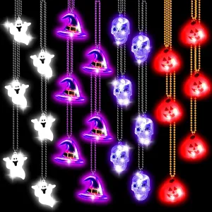 Lenwen 24 Pcs Halloween Light Up Bead Necklaces Pumpkin Witch Hat Spooky Skull LED Necklaces Halloween Party Favors for Kid Trick Treats Gift Bag Fillers Halloween Eve Costume Party Accessories