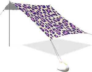 Leopard Purple Designed UPF50 Foldable Beach Tent Lightweight Large Sun Shelter with Sturdy Poles, Sandbags and Shovel for Camping Trips, Fishing, Backyard Fun or Picnics Sombra para Playa