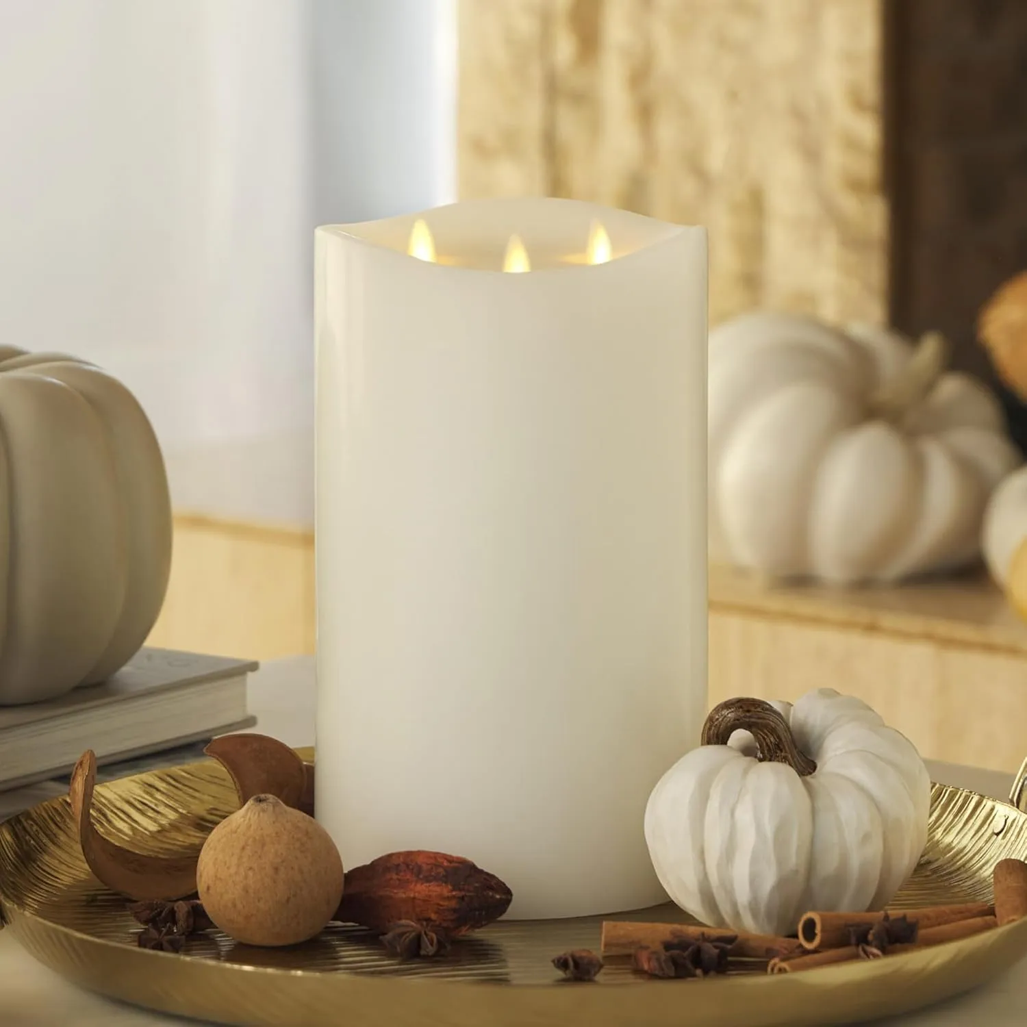 Luminara Tri-Flame Flameless LED Candle, White 5.8" x 9.7", Moving Flame Real Wax Home Decor Battery Operated Emergency Light, Religious Ceremony Safe