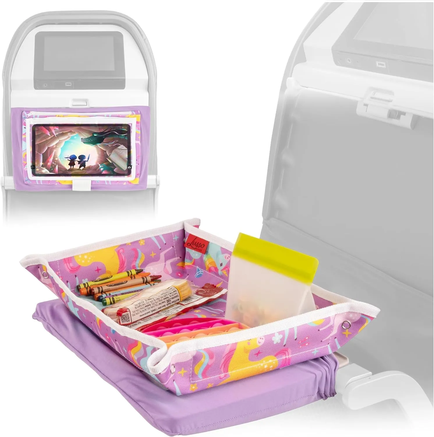 Lusso Gear Kids Airplane Tray Table Cover with Pockets - Travel Essentials for Toddlers - Travel Tray for Kids on Plane or Train - Airplane Must Haves and Flying Essentials - Baby Must Have (Unicorns)