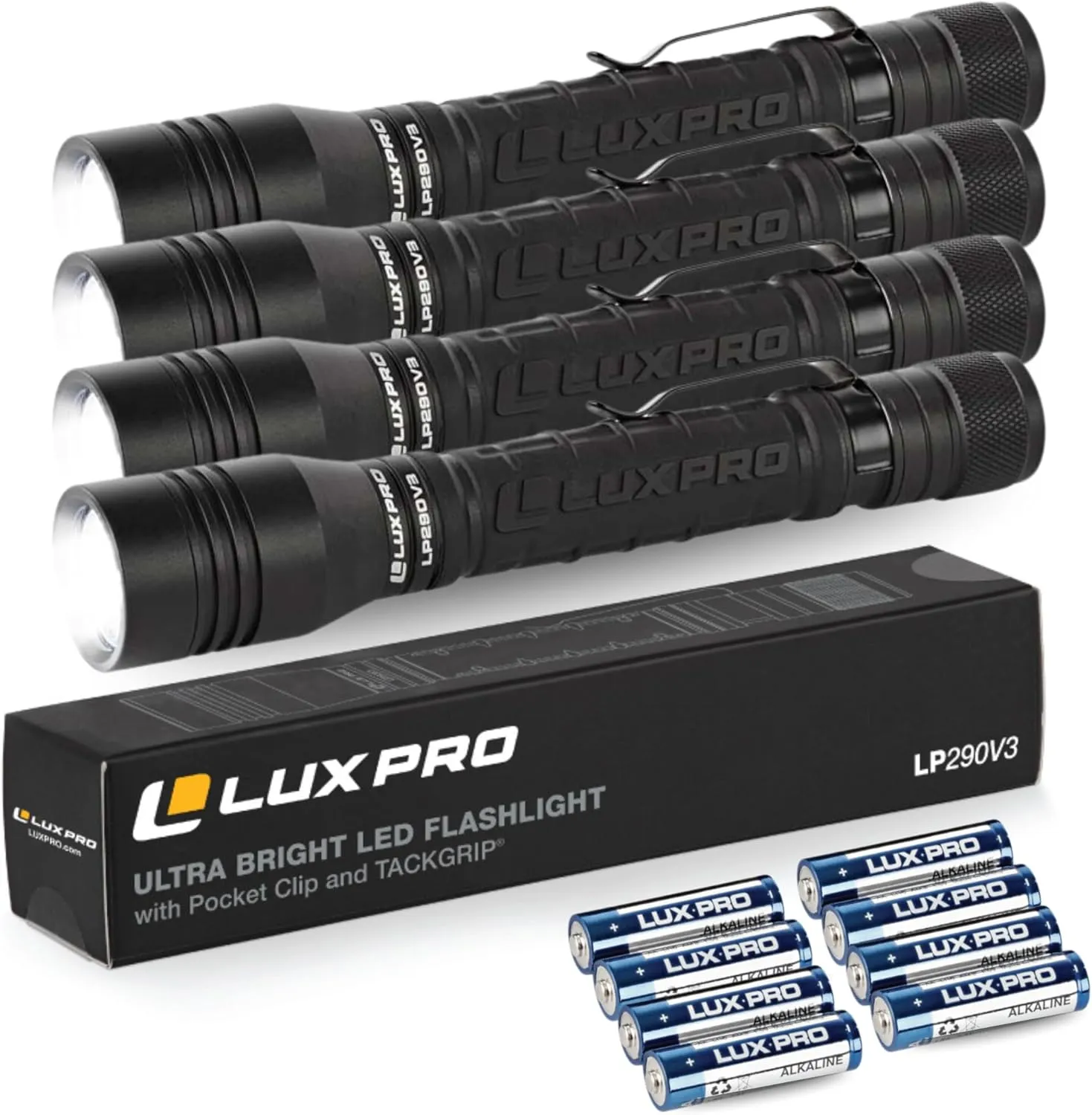 LUXPRO LP290V3 LED Flashlight - Bright 300 Lumens with 3 Light Modes - Aircraft-Grade Aluminum with IPX4 Waterproof Protection & Patented TackGrip - Camping, Outdoor, Home - Batteries Included 4 Pack