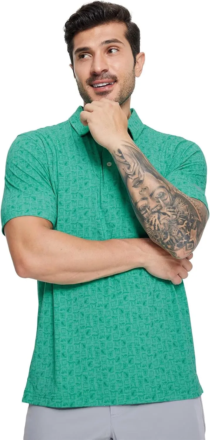 M MAELREG Golf Shirts for Men Print Performance Moisture Wicking Dry Fit Heather Stripe Collared Mens Polo Shirt Short Sleeve