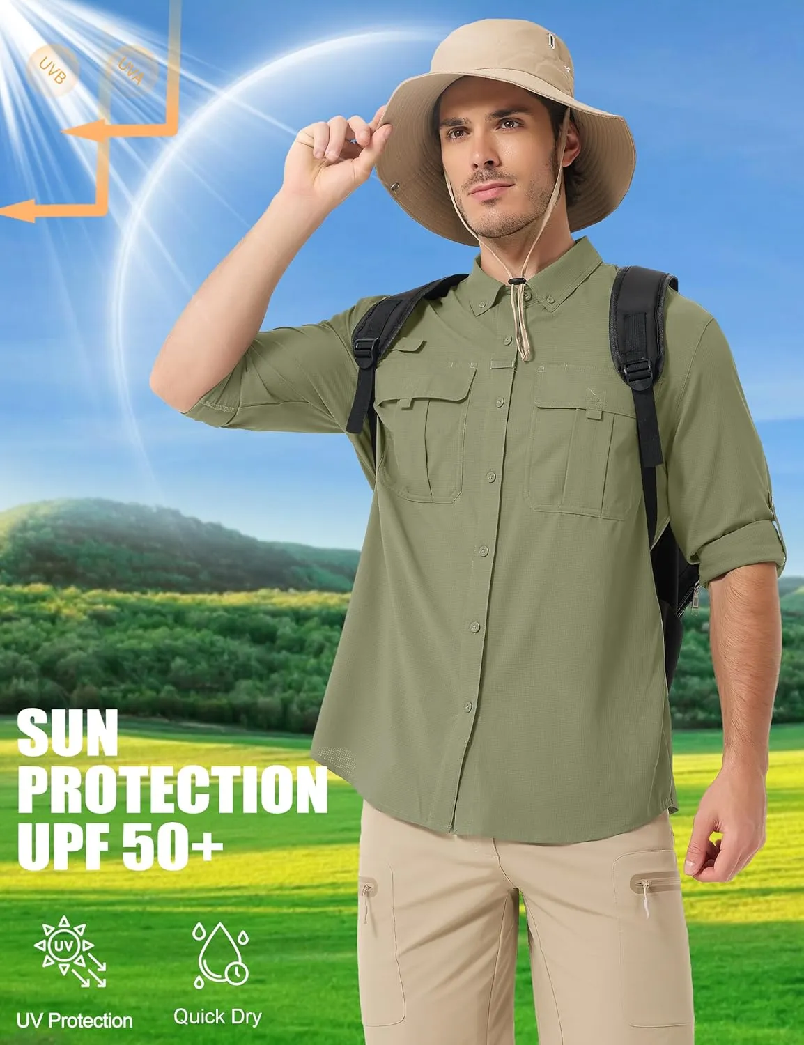 MAGCOMSEN Men's Sun Protection Fishing Shirts UPF 50  UV Quick Dry Long Sleeve Button Down Shirts Safari Hiking Travel