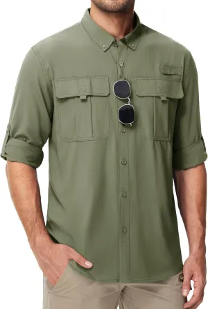 MAGCOMSEN Men's Sun Protection Fishing Shirts UPF 50  UV Quick Dry Long Sleeve Button Down Shirts Safari Hiking Travel
